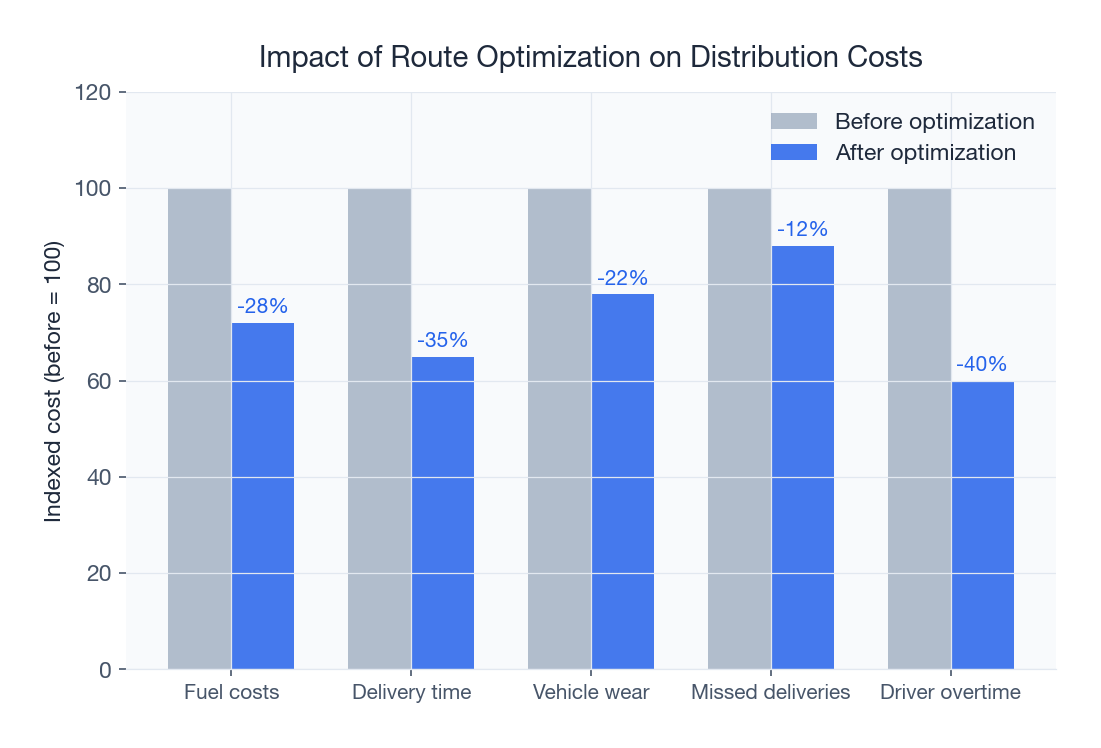 Route optimization cuts fuel costs by 28% and delivery time by 35%
